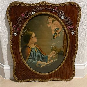 Antique St Cecilia Wood Framed Art with Floral Accents